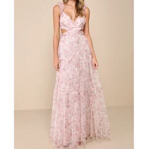 Lulus NWOT Ethereal Love Blush Floral Pleated Tiered Tie-Back Mesh Maxi Dress XS